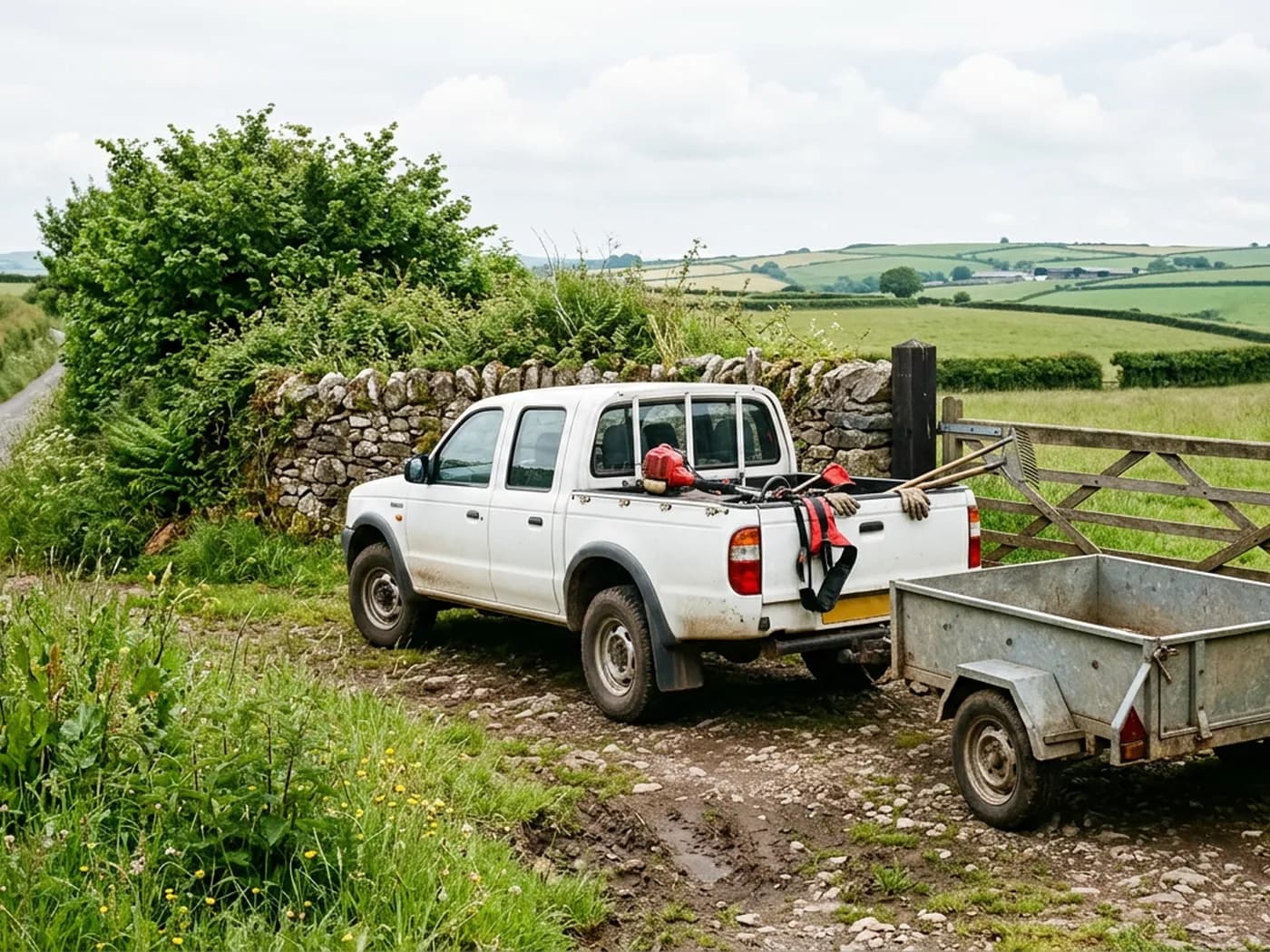 A plain white pickup and a small tipping trailer parked in a Devon farm gateway beside a stone hedgebank, with hedged fields running away behind and cut growth along the verge