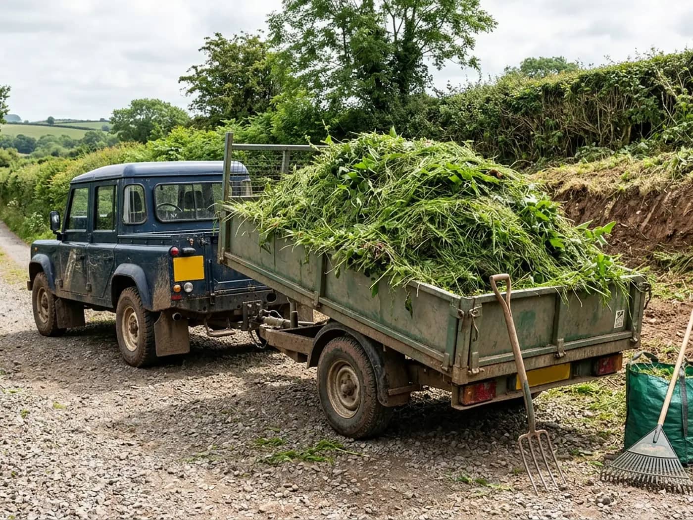 A tipping trailer behind a pickup on a Devon lane, loaded high with freshly cut grass and nettle, with a fork, a rake and green waste bags on the gravel beside it