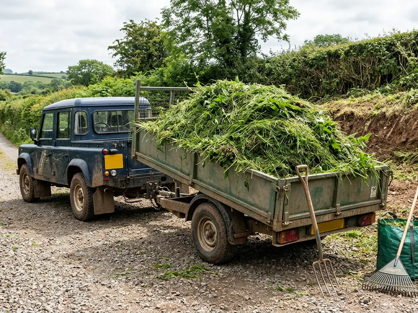 A tipping trailer behind a pickup on a Devon lane, loaded high with freshly cut grass and nettle, with a fork, a rake and green waste bags on the gravel beside it