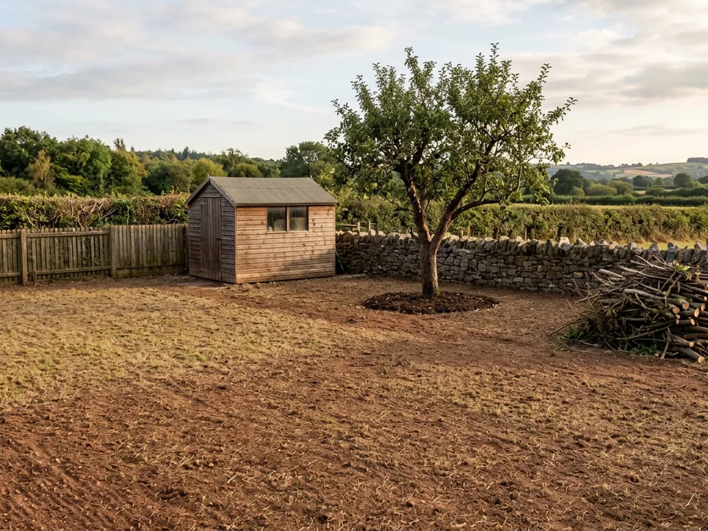 A Devon garden cleared right back to bare soil, with a shed, an apple tree and a dry stone wall all visible again and the cut material stacked in a pile against the wall