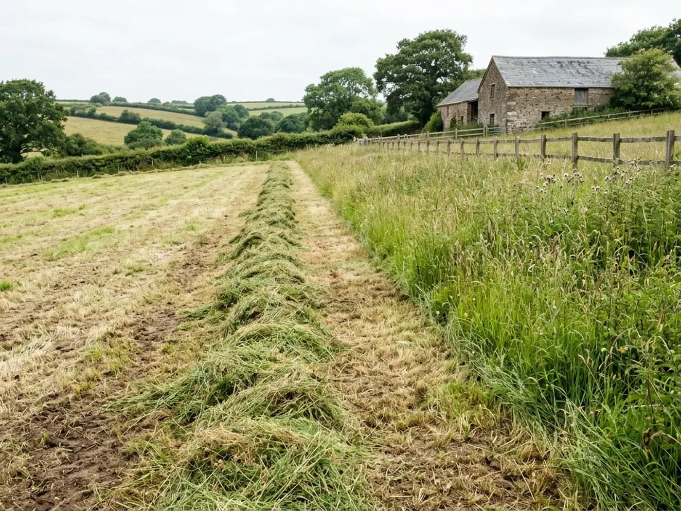 A field margin part way through a clearance pass, cut grass lying in windrows on the near side and standing grass and cow parsley still up on the far side, with a stone barn behind