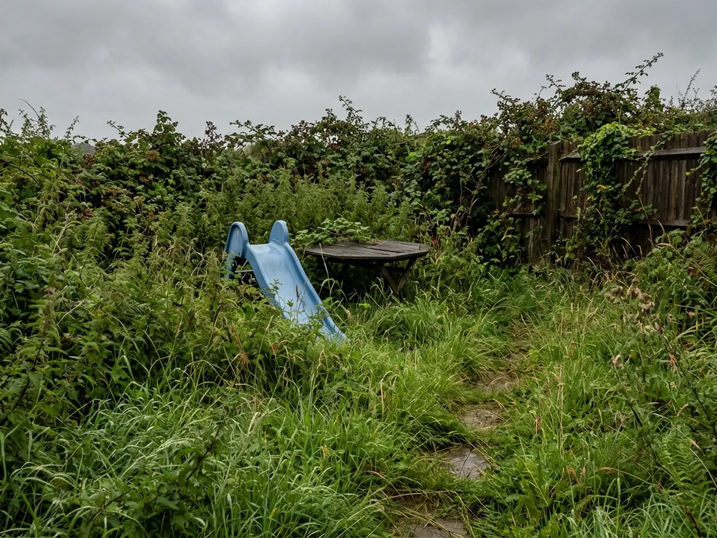 A small Devon garden lost under waist high grass and weeds after a wet summer, with a child's blue plastic slide and a garden table barely visible in the middle of it and bramble along the fence