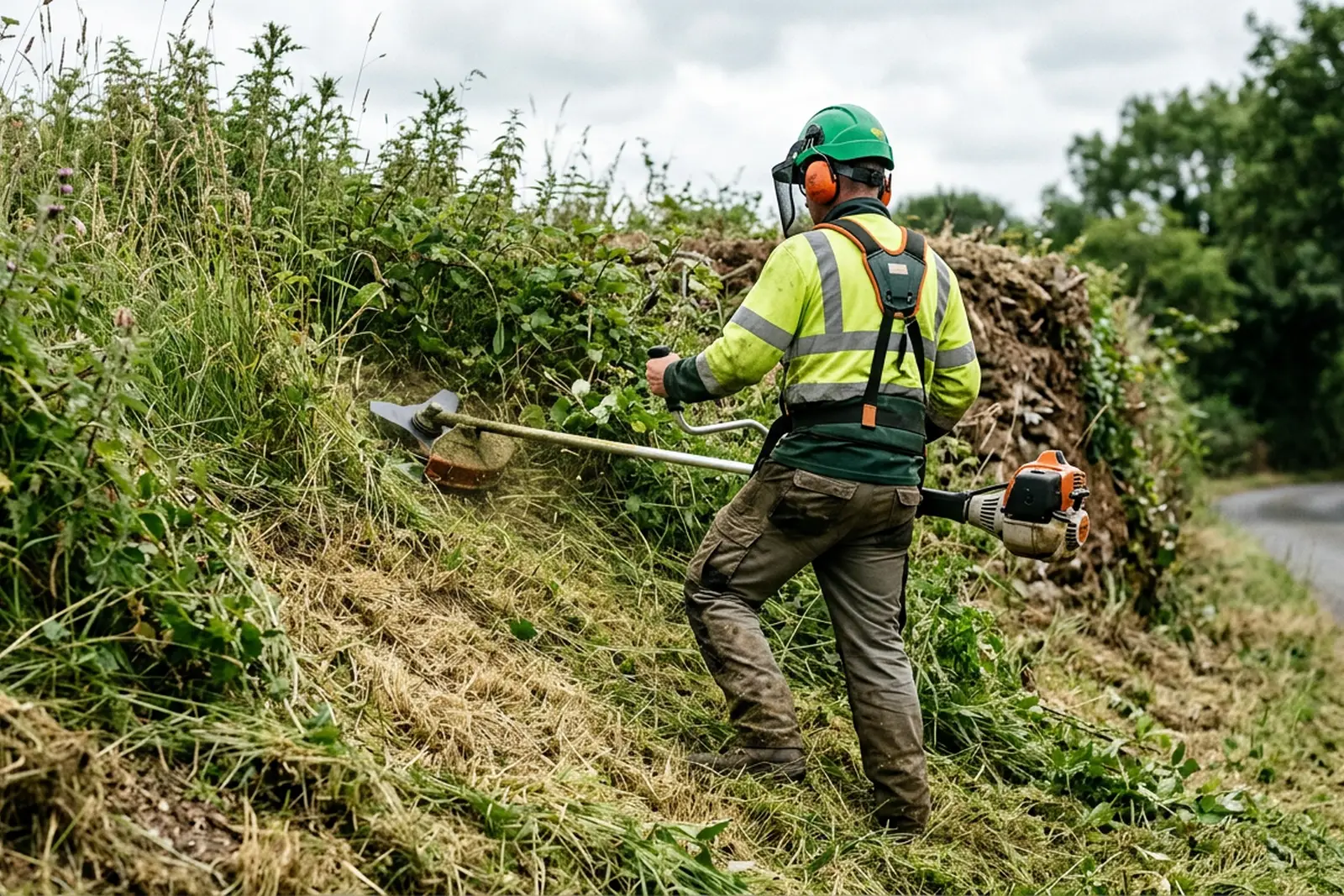 A groundworker in a green helmet with a mesh visor and ear defenders, hi-vis vest and harness, cutting a steep overgrown Devon hedgebank with a petrol brush cutter, with the cut growth lying in a swathe down the bank and a lane running away on the right