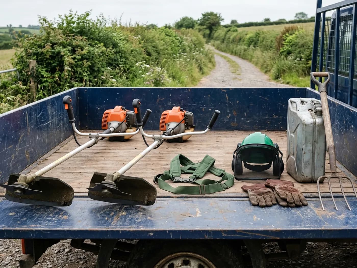 Clearance kit laid out on the bed of a blue flatbed truck on a Devon farm track: two petrol brush cutters with metal blades, a harness, a green helmet with ear defenders, gloves, a fuel can and a hay fork