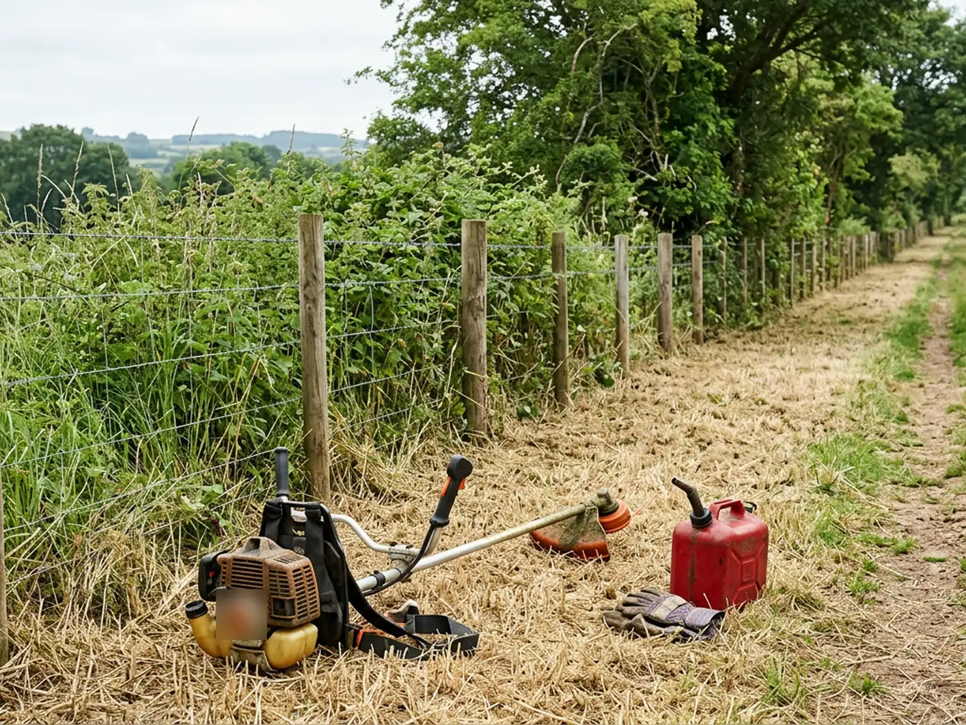 A Devon fence line strimmed out along its length, the posts and wire clear again with cut stubble underneath and a brush cutter, gloves and a fuel can lying on the cut ground