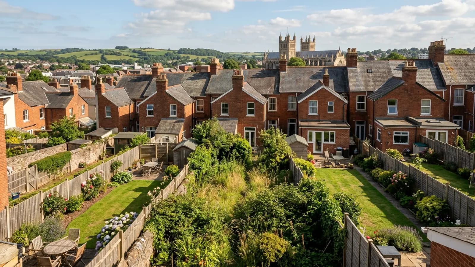 A run of long narrow back gardens behind a terrace of red brick houses in Exeter, most cut short and one in the middle grown over, with slate roofs and the cathedral tower beyond