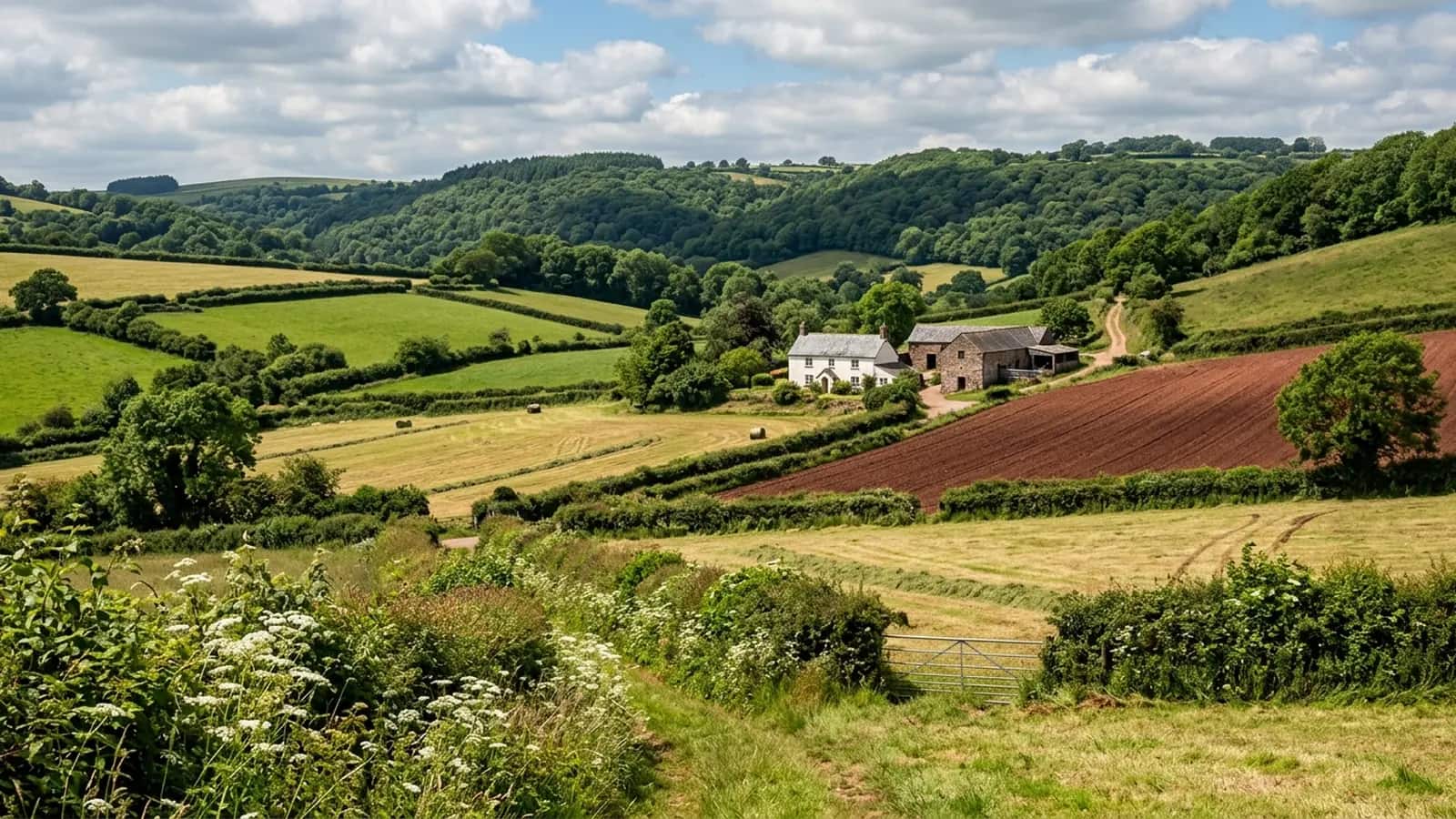Rolling mid Devon farmland in high summer, small hedged fields of grass and cut silage with thick overgrown hedgebanks between them and a red soil field newly worked
