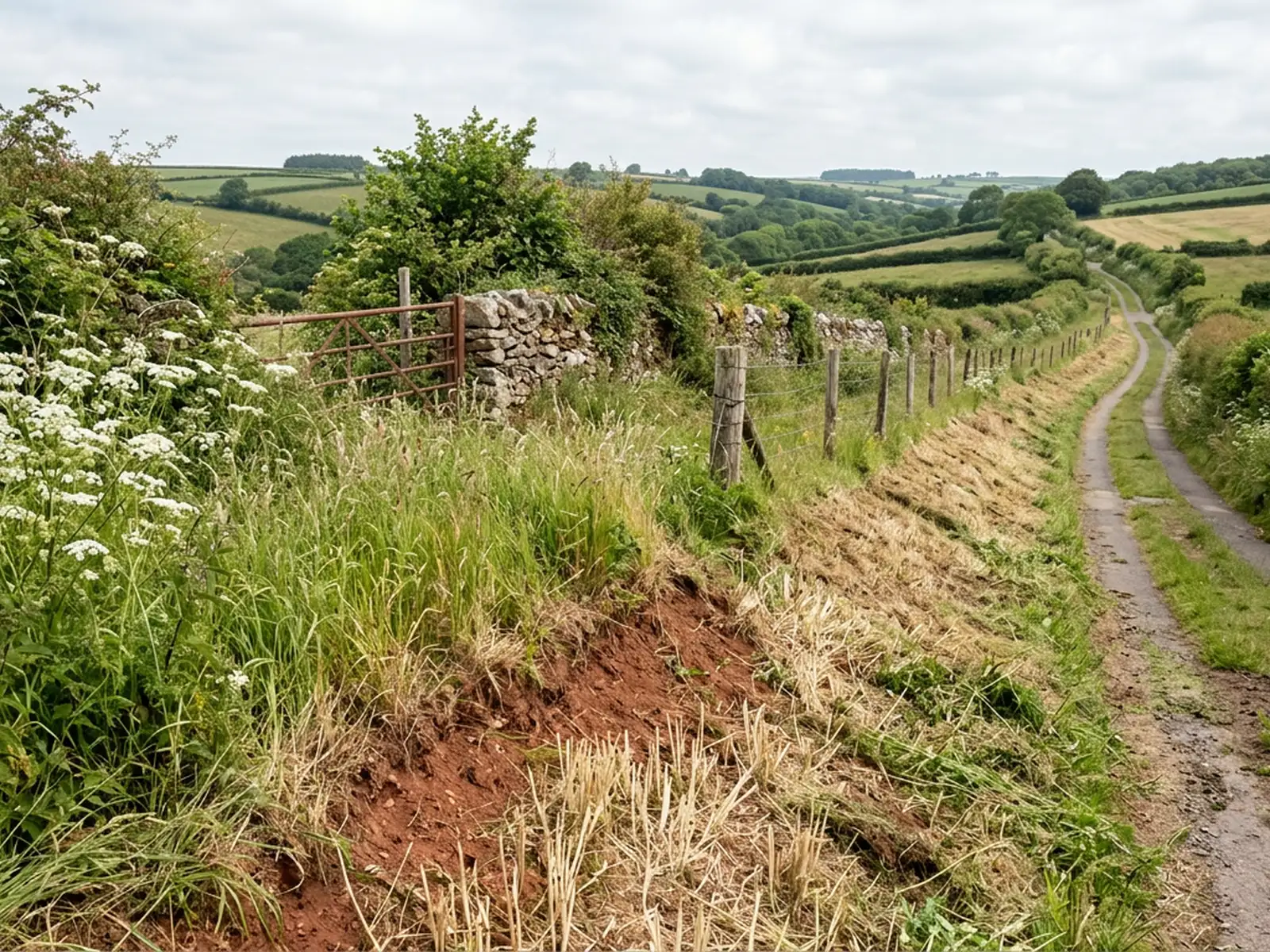 A single track Devon lane with the bank and verge on one side freshly cut back to bare red soil and pale stubble, standing grass and cow parsley still up on the other