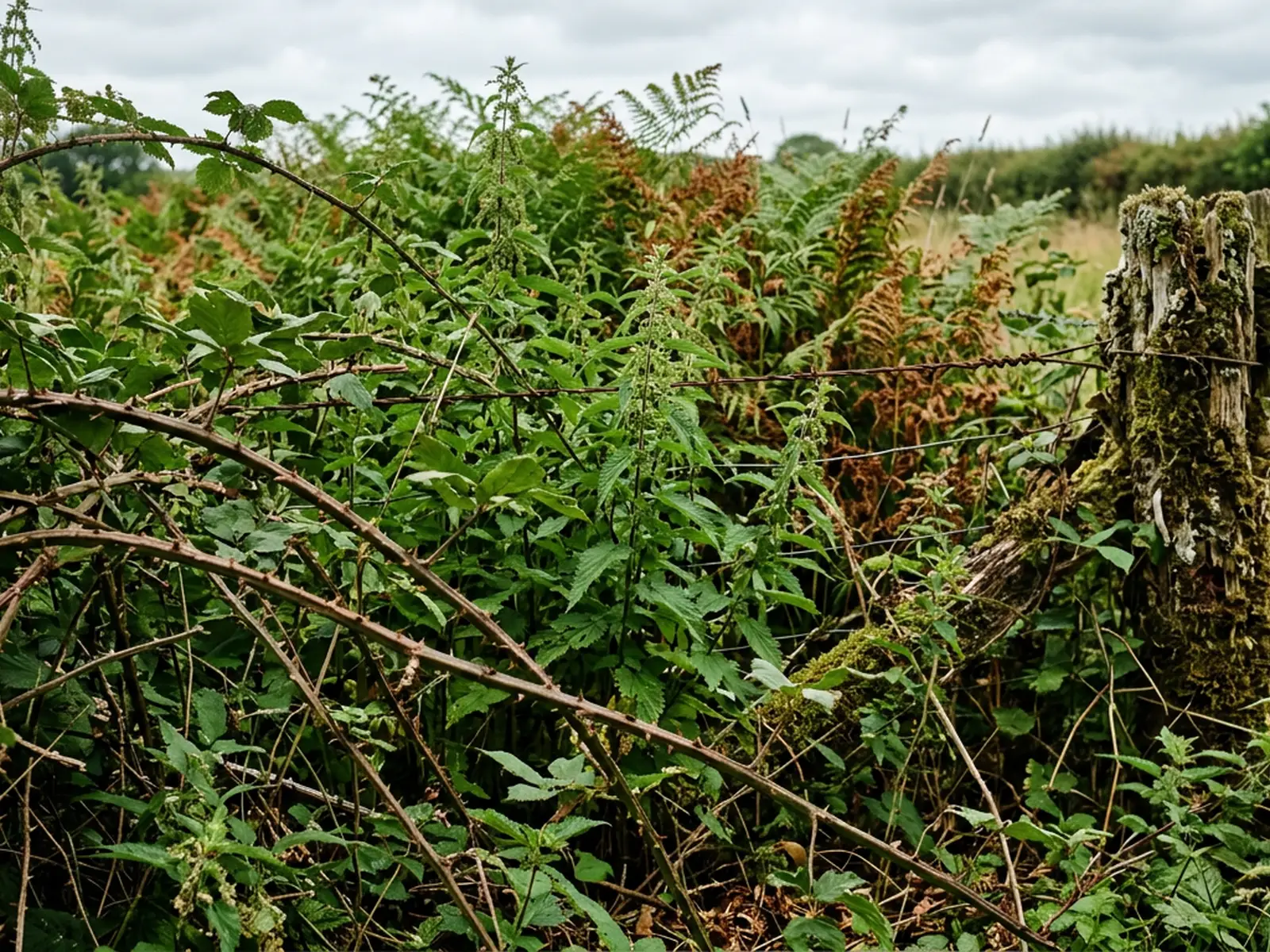 A dense thicket of woody bramble and nettle grown up over an old fence post and wire at the edge of a Devon field, with only the top of the post still showing