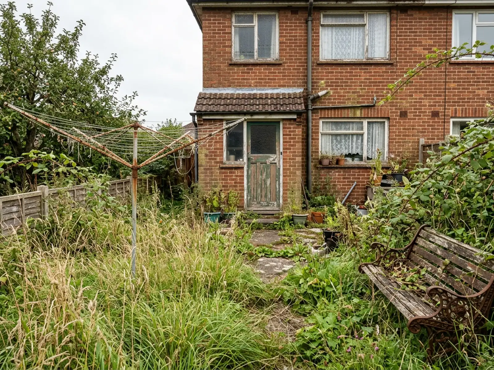The back garden of a red brick semi left through a summer, long grass and weeds up around a rotary washing line and an old bench, with bramble coming over the fence
